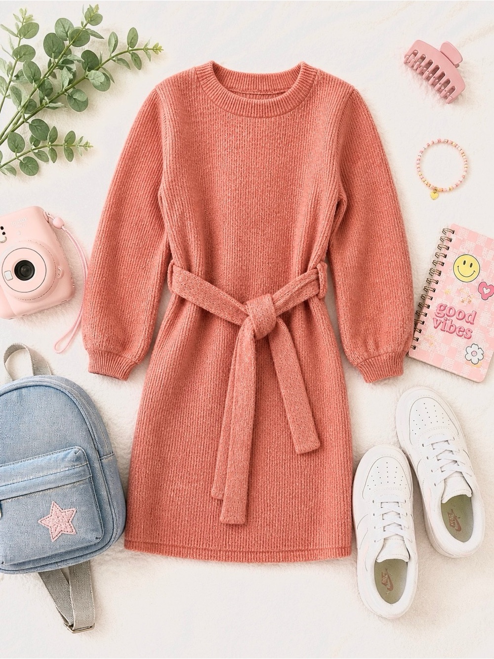 Girls' Cozy Knit Belted Dress - Dusty Rose